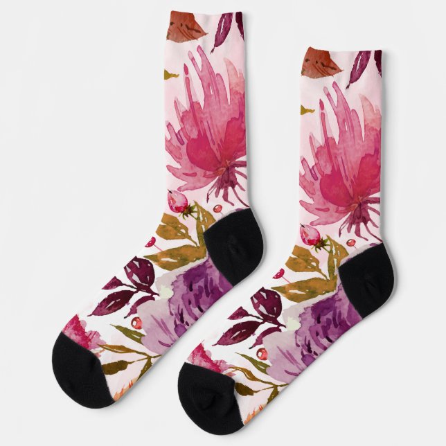 Florals Watercolor Red, Pink, Mauve    Socks (Left)