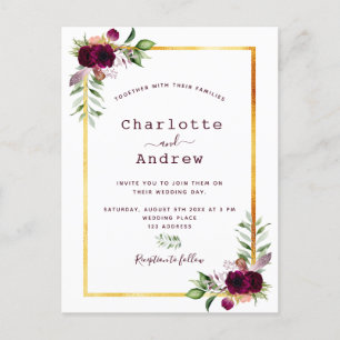 Florals white gold greenery burgundy boho wedding postcard