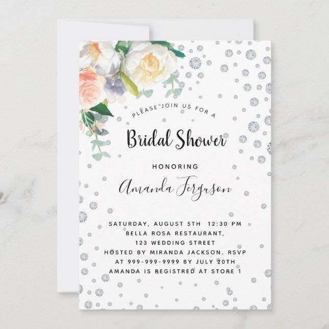 Florals white rose gold glamorous bridal shower invitation (Front)