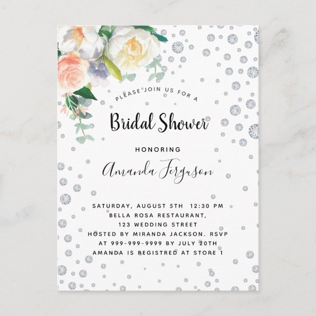 Florals white rose gold glamorous bridal shower postcard (Front)