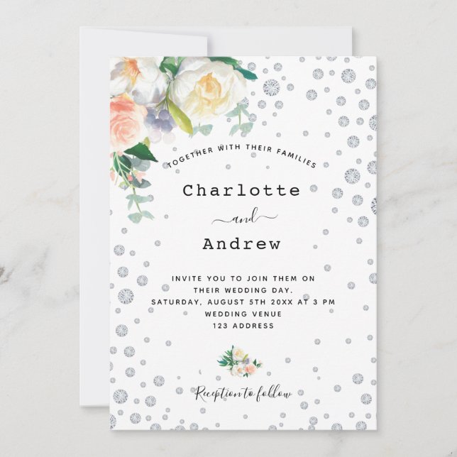 Florals white rose gold glamorous wedding invitation (Front)