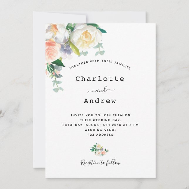 Florals white rose gold pink simple wedding invitation (Front)