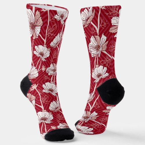 Florals White with Red Background Socks