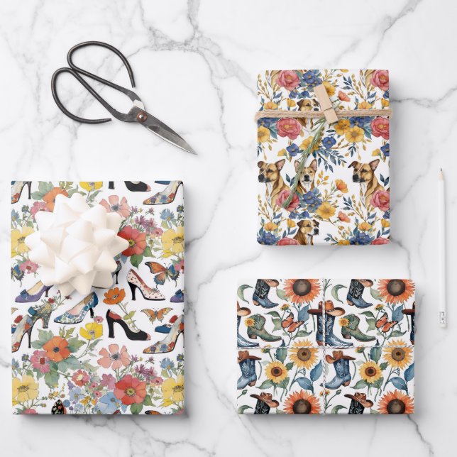 Florals With Heels Boots and Dogs Wrapping Paper Sheets (Front)