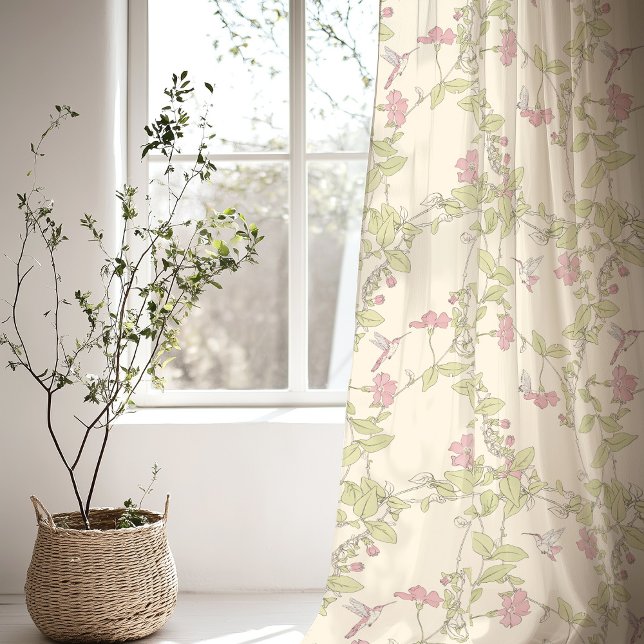 Florals with Hummingbird Vine Soft Pink Green Sheer Curtains (Creator Uploaded)