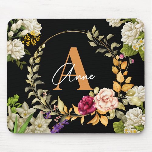 Florals Wreath Design in Black Background Custom Mouse Pad
