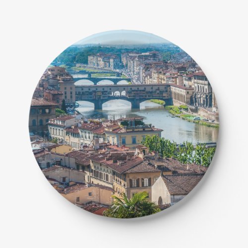 Florence cityscape _ Ponte Vecchio over Arno river Paper Plates