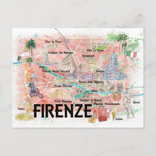 Florence Italy Illustrated Map  Postcard