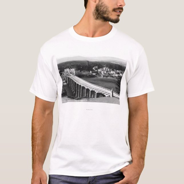 Florence, Oregon Town View and Siuslaw Bridge T-Shirt (Front)