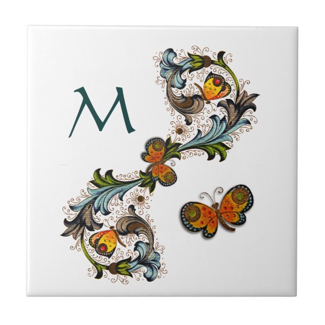 Florentine Floral Monogram Ceramic Tile (Front)