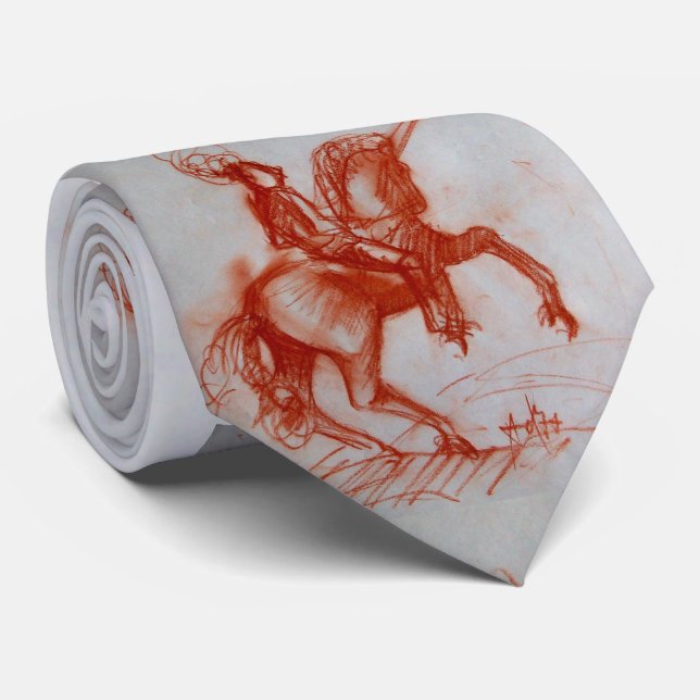 FLORENTINE KNIGHT ON HORSEBACK Grey Sepia Drawing Neck Tie (Rolled)