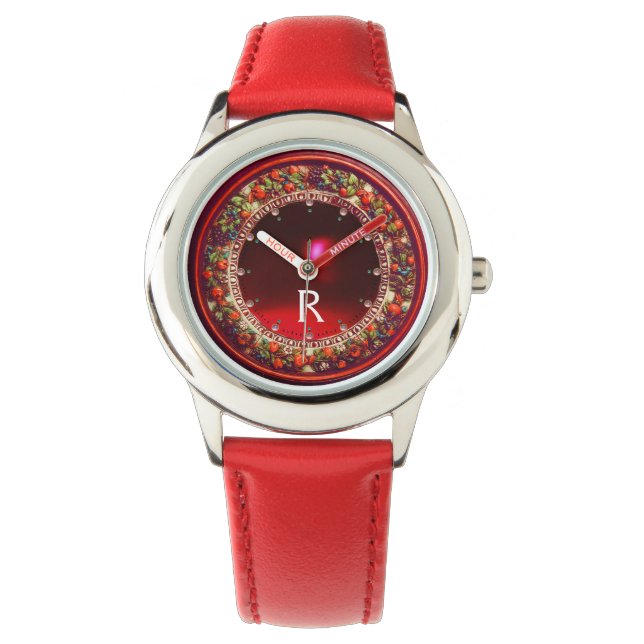 FLORENTINE RED GREEN FLORAL CROWN RUBY MONOGRAM WATCH (Front)