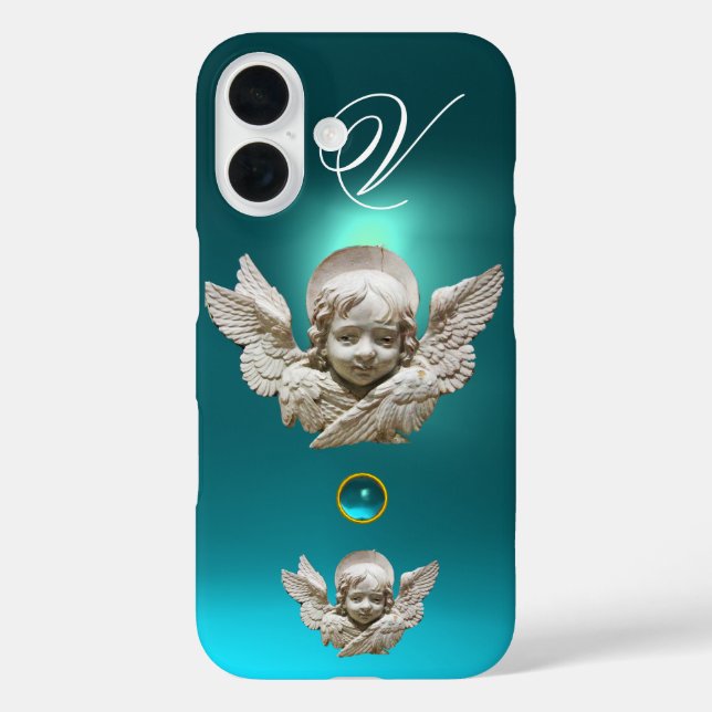 FLORENTINE RENAISSANCE ANGEL Aqua Blue Monogram Case-Mate iPhone Case (Back)