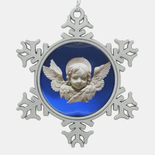 FLORENTINE RENAISSANCE ANGEL, Blue Sapphire Snowflake Pewter Christmas Ornament
