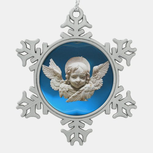 FLORENTINE RENAISSANCE ANGEL Blue Sapphire Snowflake Pewter Christmas Ornament