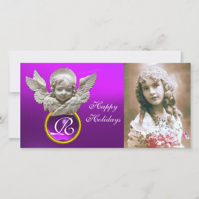 FLORENTINE RENAISSANCE ANGEL Purple Gem Monogram Holiday Card (Front)