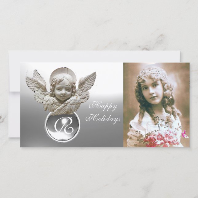 FLORENTINE RENAISSANCE ANGEL White Gem Monogram Holiday Card (Front)