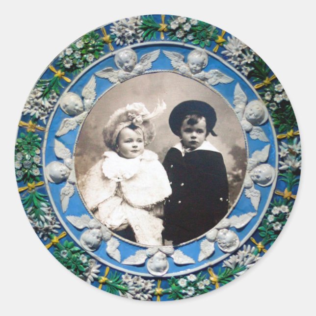 FLORENTINE RENAISSANCE ANGELS BLUE PHOTO TEMPLATE CLASSIC ROUND STICKER (Front)