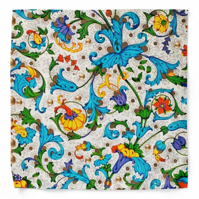 FLORENTINE RENAISSANCE BLUE FLORAL SWIRLS,FLOWERS BANDANA (Front)