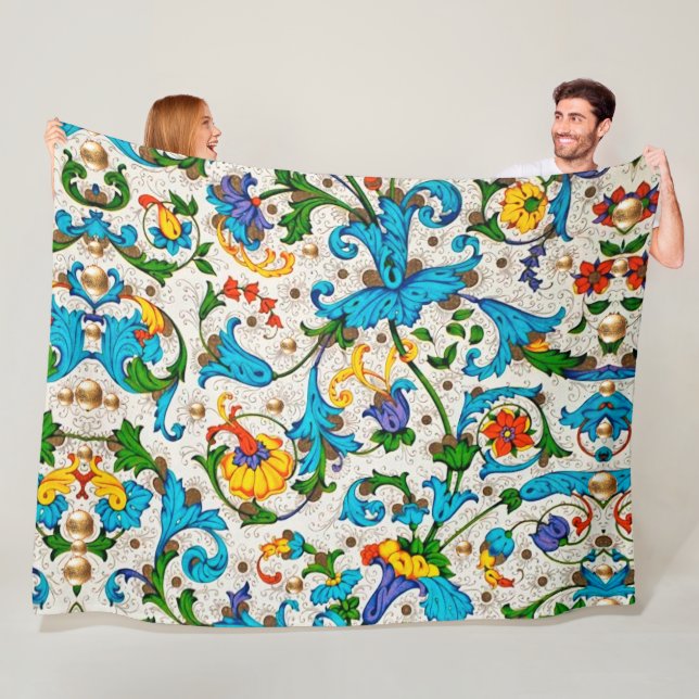FLORENTINE RENAISSANCE BLUE FLORAL SWIRLS,FLOWERS FLEECE BLANKET (In Situ)