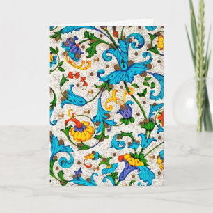 FLORENTINE RENAISSANCE BLUE FLORAL SWIRLS,FLOWERS HOLIDAY CARD