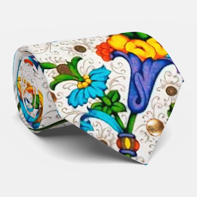FLORENTINE RENAISSANCE BLUE FLORAL SWIRLS,FLOWERS NECK TIE (Rolled)