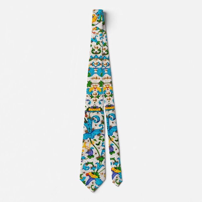 FLORENTINE RENAISSANCE BLUE FLORAL SWIRLS,FLOWERS  NECK TIE (Front)