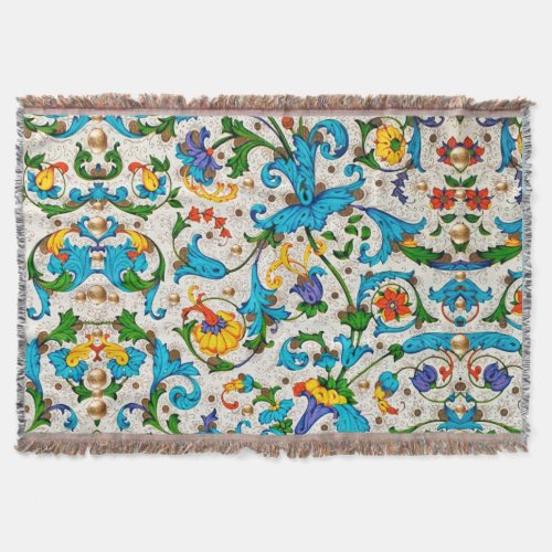 FLORENTINE RENAISSANCE BLUE FLORAL SWIRLSFLOWERS THROW BLANKET