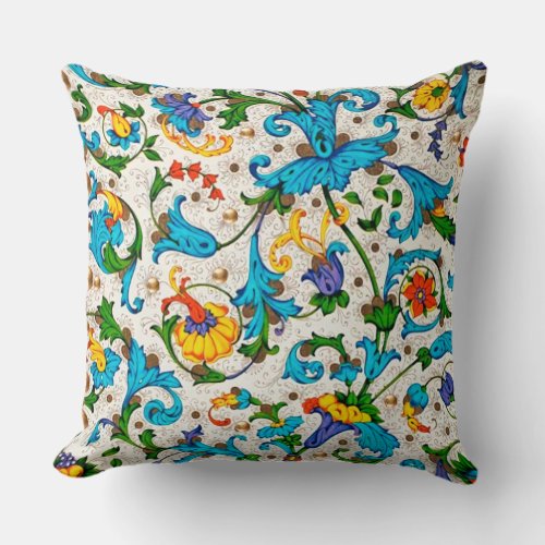 FLORENTINE RENAISSANCE BLUE FLORAL SWIRLSFLOWERS THROW PILLOW