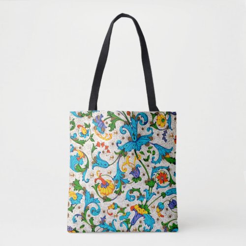 FLORENTINE RENAISSANCE BLUE FLORAL SWIRLSFLOWERS TOTE BAG