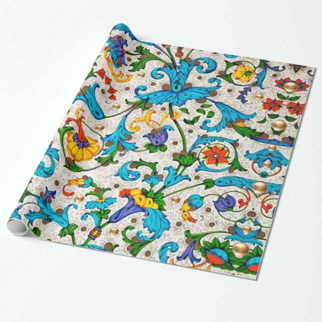 FLORENTINE RENAISSANCE BLUE FLORAL SWIRLS,FLOWERS WRAPPING PAPER (Unrolled)