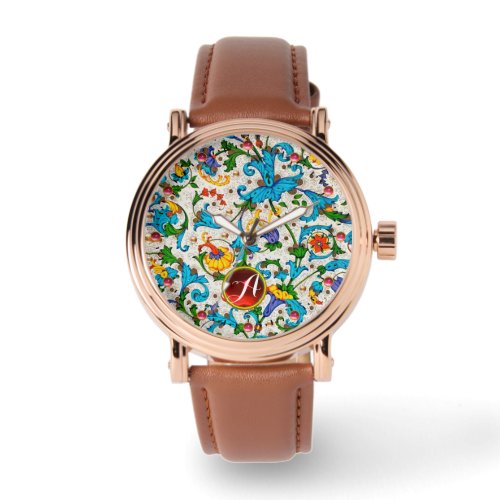 FLORENTINE RENAISSANCE BLUE FLORAL SWIRLS MONOGRAM WATCH