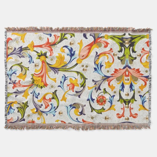 FLORENTINE RENAISSANCE FLORAL SWIRLS,FLOWERS THROW BLANKET (Front)