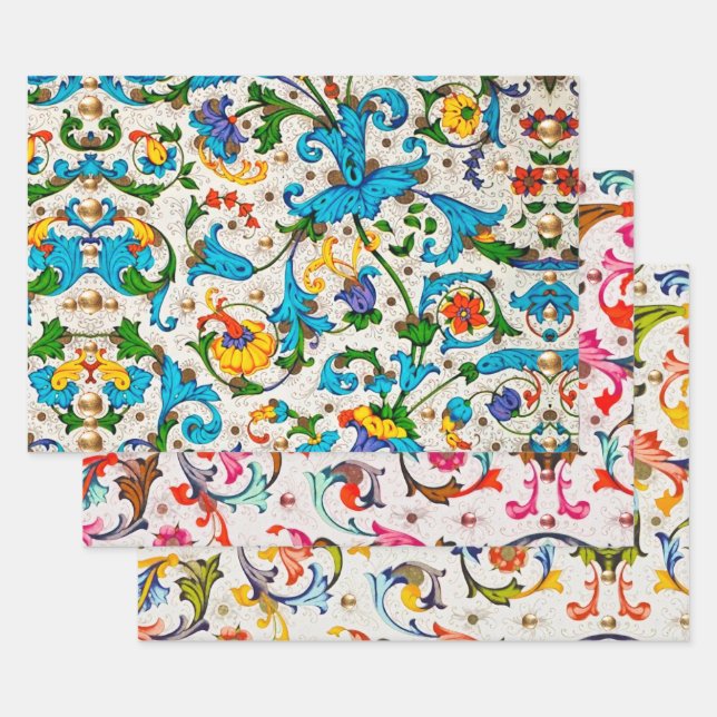 FLORENTINE RENAISSANCE FLORAL SWIRLS,FLOWERS WRAPPING PAPER SHEETS (Set)
