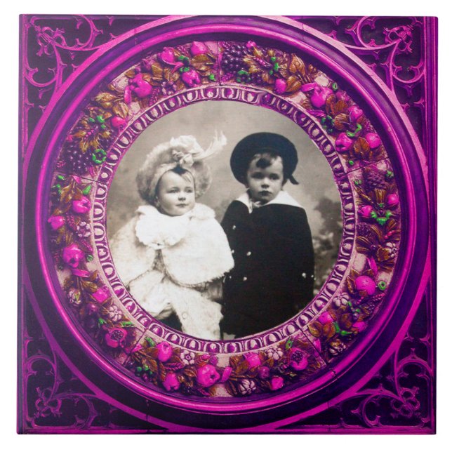 FLORENTINE RENAISSANCE FRUITS PINK FLORAL CROWN  CERAMIC TILE (Front)