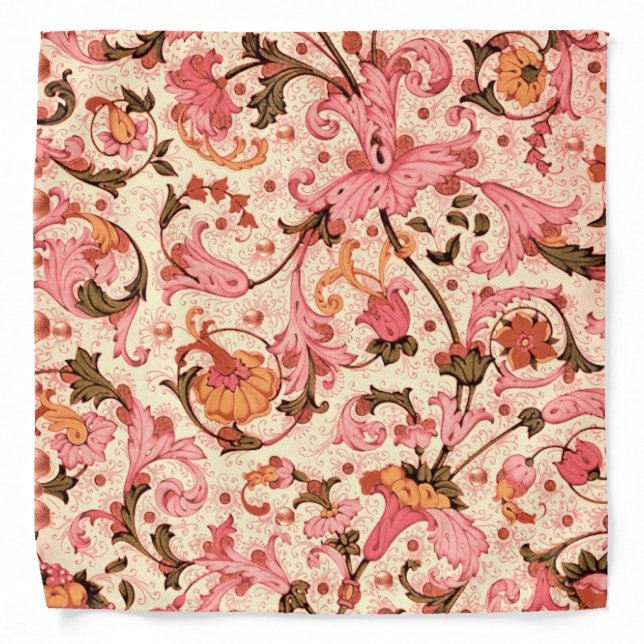 FLORENTINE RENAISSANCE PINK FLORAL SWIRLS,FLOWERS BANDANA (Front)