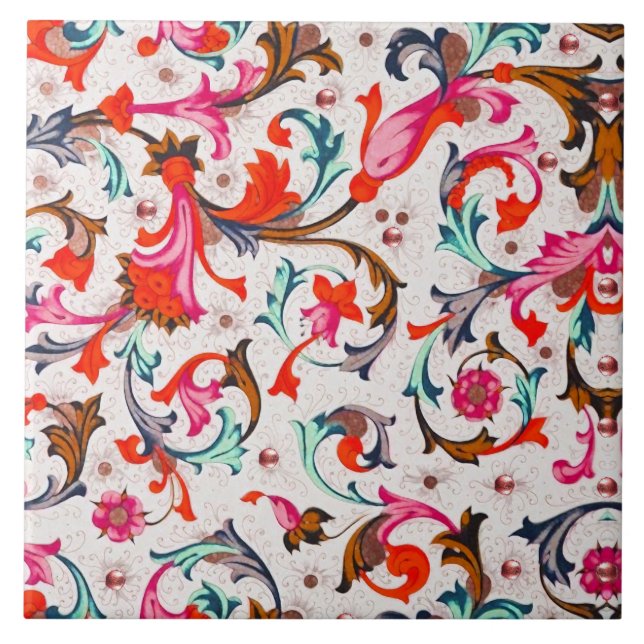 FLORENTINE RENAISSANCE RED FLORAL SWIRLS,FLOWERS  CERAMIC TILE (Front)