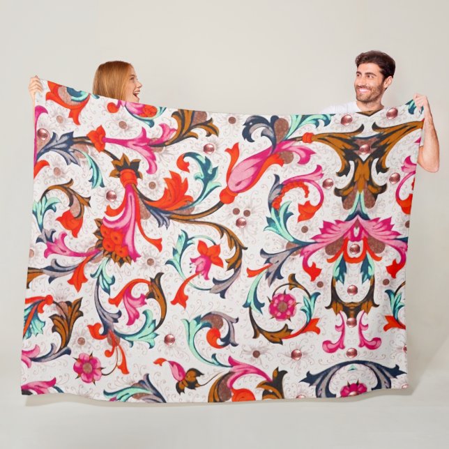 FLORENTINE RENAISSANCE RED FLORAL SWIRLS,FLOWERS FLEECE BLANKET (In Situ)