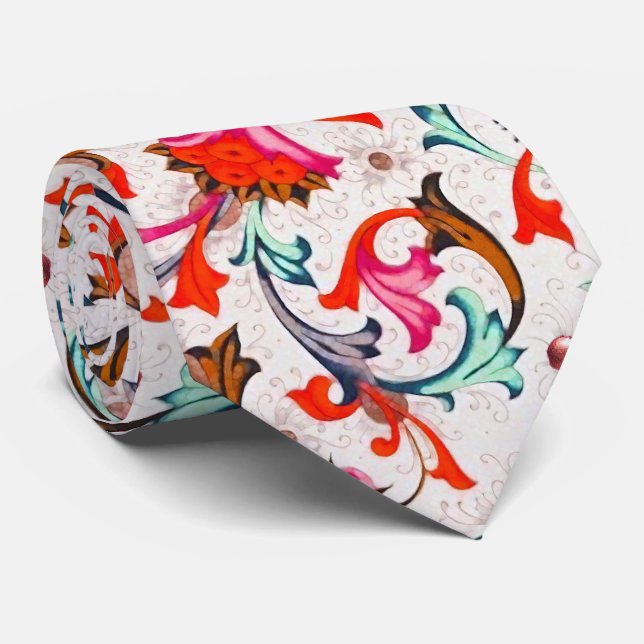 FLORENTINE RENAISSANCE RED FLORAL SWIRLS,FLOWERS  NECK TIE (Rolled)