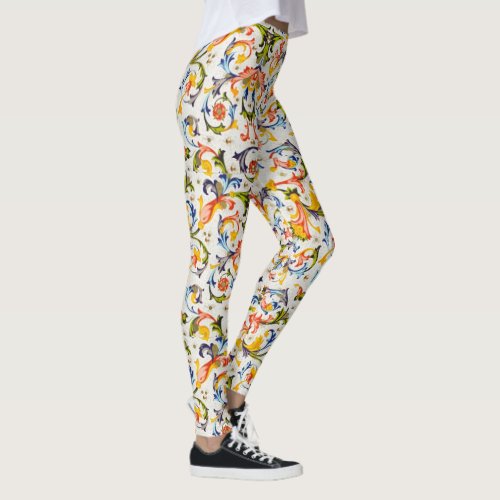 FLORENTINE RENAISSANCE YELLOW FLORAL SWIRLFLOWERS LEGGINGS