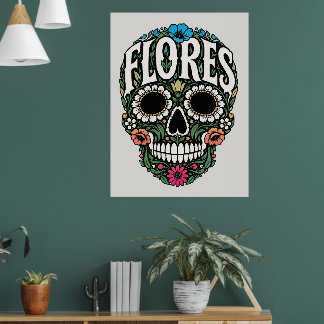 flores apellido sugar skull poster
