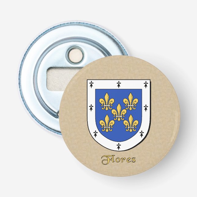 Flores Heraldic Arms on Parchment Style Back Bottle Opener (Front)