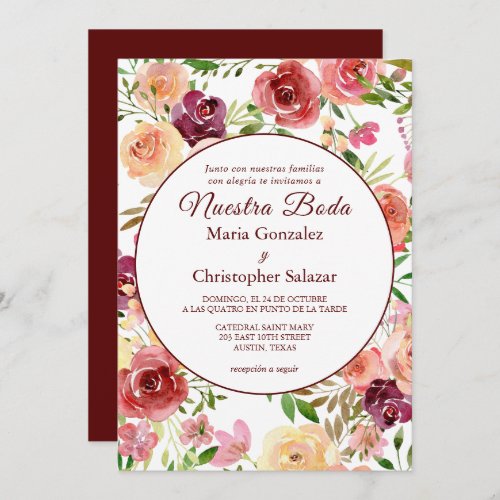 Flores Roja Nuestra Boda Elegante Spanish Wedding Invitation