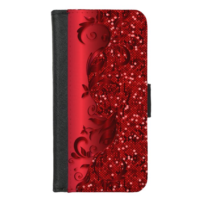 Florid Red Floral Metallic Red Confetti iPhone Wallet Case (Front)
