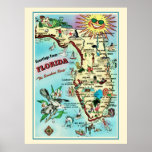 Florida 24x32 Poster Print<br><div class="desc">This vintage colorful Florida Map is sized to 24x32 with a cream & turquoise border. This was a old postcard image so there is some pixelation but it adds to the vintage look and happily the city and attraction names are clear. There is a close up photo of a portion...</div>