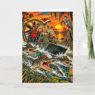 Florida Airboat Santa with Elf Hat Alligators Holiday Card