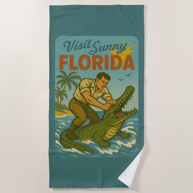 Florida Alligator Wrestling | Funny Retro Beach Beach Towel (Front)
