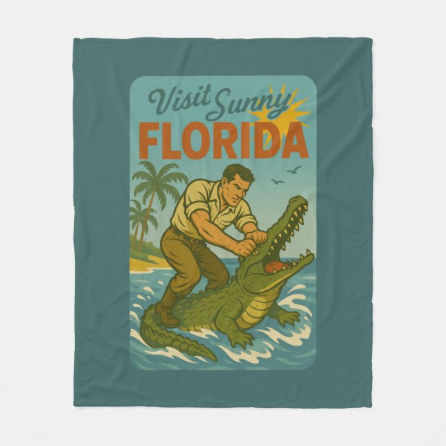 Florida Alligator Wrestling | Funny Retro Coastal Fleece Blanket (Front)