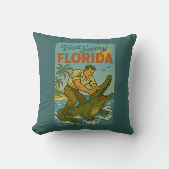 Florida Alligator Wrestling | Funny Retro Coastal Throw Pillow (Front)