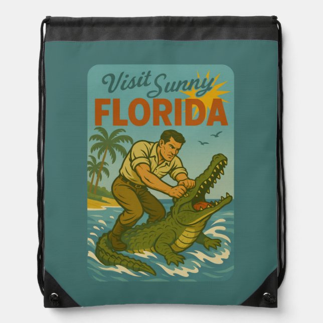Florida Alligator Wrestling | Funny Retro Daypack Drawstring Bag (Front)